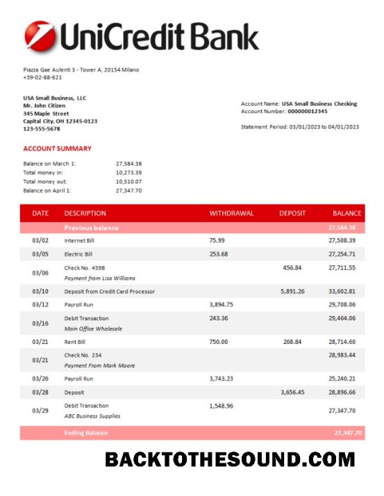 Pobierz Unicredit Bank corporate Wyciąg bankowy Word and PDF Próbka szablon