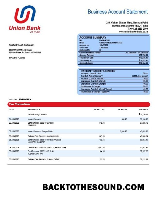 Pobierz unia Bank of Indie Biznes Wyciąg bankowy Word and PDF Próbka podgląd