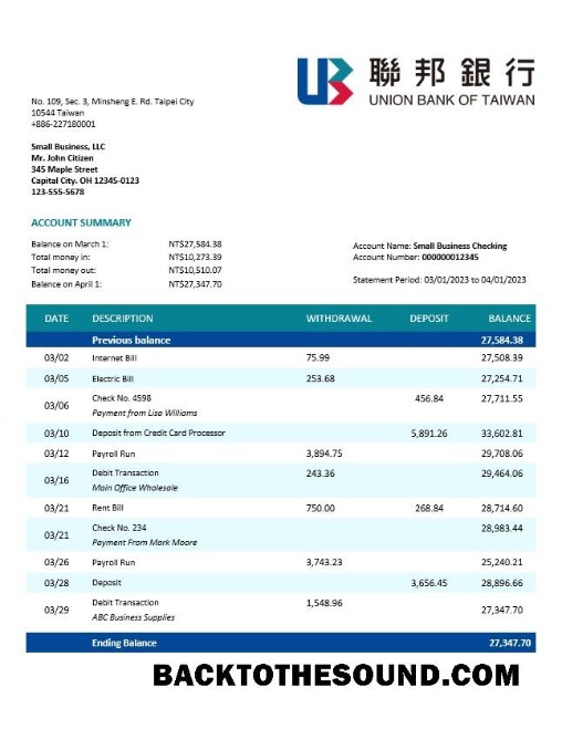 Pobierz unia Bank of Tajwan Firma Konto Wyciąg bankowy Word and PDF Próbka podgląd