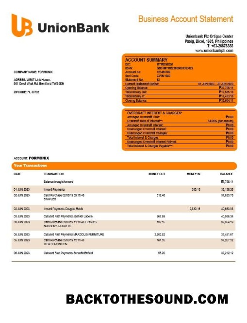Pobierz unia Bank of the Filipiny Biznes Wyciąg bankowy Word and PDF Próbka makieta