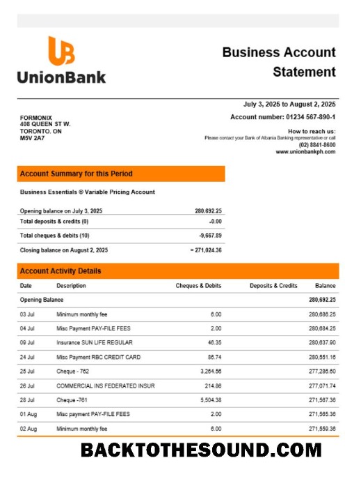 Pobierz Unionbank Firma Wyciąg bankowy Word and PDF Format Próbka podgląd