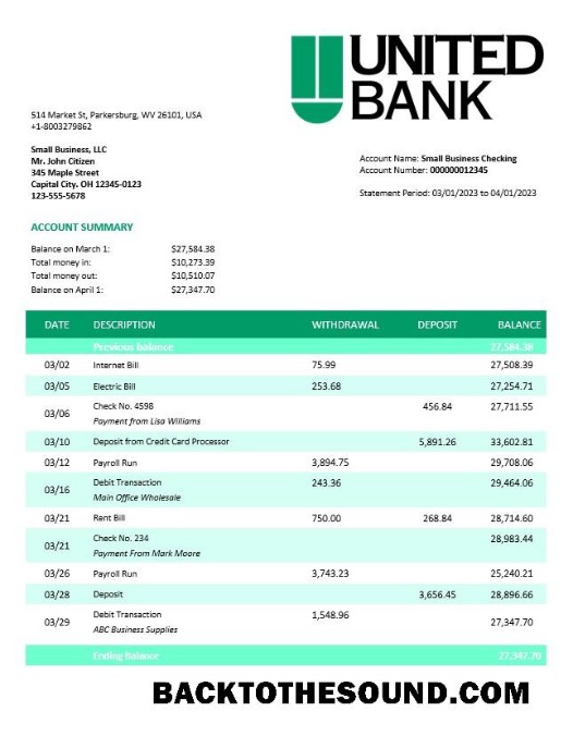 Pobierz zjednoczony Bank enterprise Konto Wyciąg bankowy Word and PDF Próbka projekt