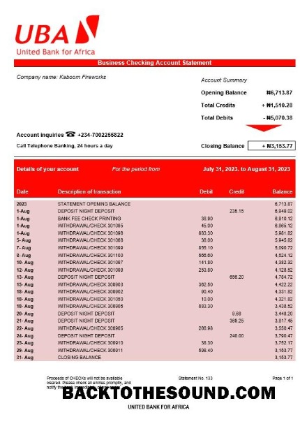 Pobierz zjednoczony Bank for Africa organizacja Konto Wyciąg bankowy Word and PDF Próbka podgląd