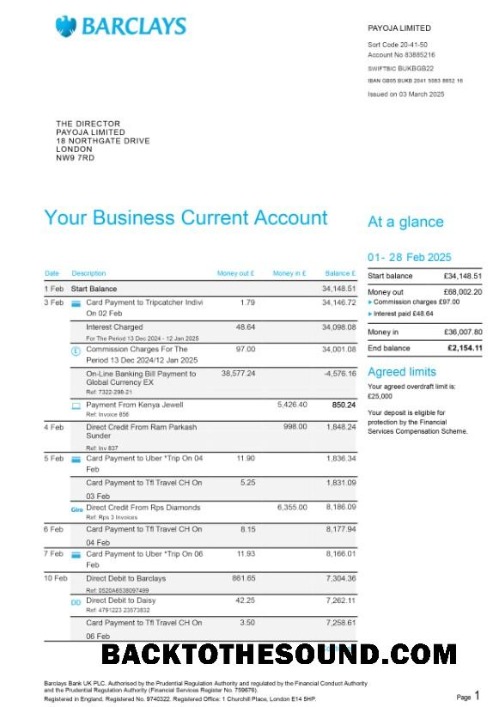 Pobierz Wielka Brytania Barclays Bank Wyciąg bankowy in PSD 6 pages Próbka makieta