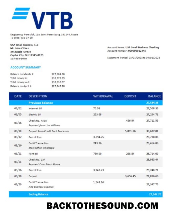 Pobierz VTB Bank firma Konto Wyciąg bankowy Word and PDF Próbka próbka