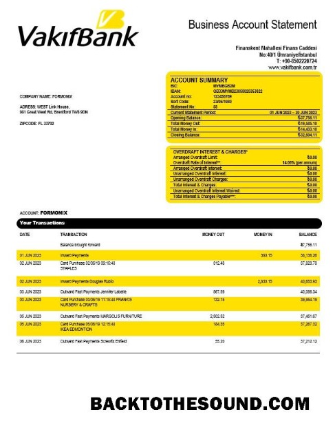 Pobierz Vakifbank Firma Konto Wyciąg bankowy Word and PDF Próbka próbka