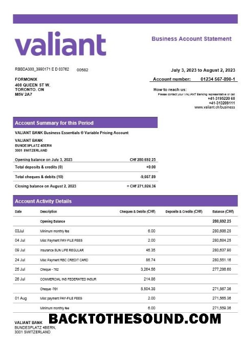 Pobierz Valiant Bank enterprise Konto Wyciąg bankowy Word and PDF Próbka podgląd