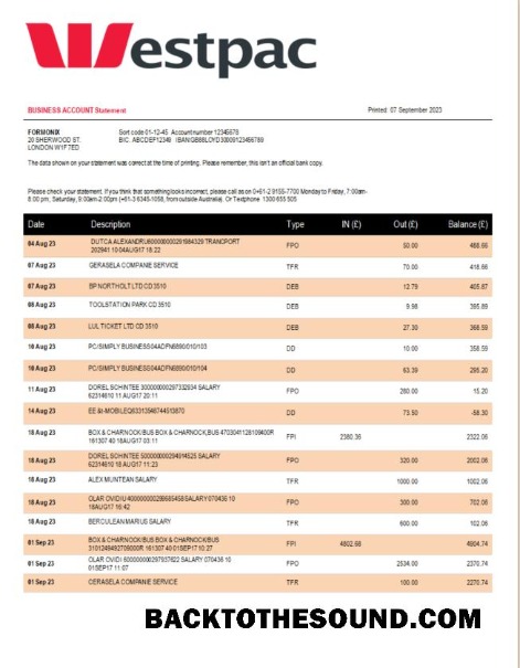 Pobierz Westpac Bank organizacja Wyciąg bankowy Word and PDF Próbka podgląd