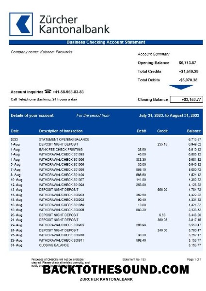Pobierz Zürcher Kantonalbank Biznes Wyciąg bankowy Word and PDF Próbka szablon