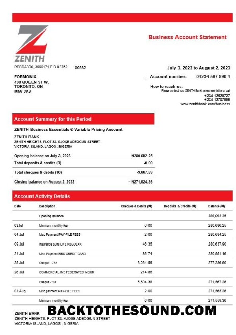 Pobierz Zenith Bank Biznes sprawdzanie Konto Wyciąg bankowy Word and PDF Próbka makieta