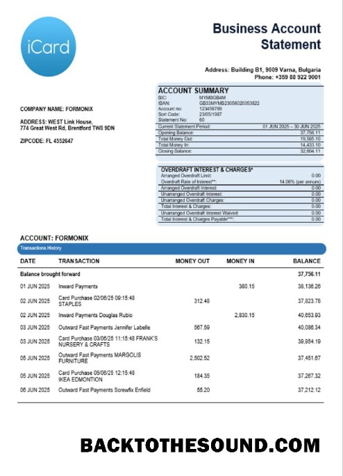 Pobierz iCard Biznes Bank Wyciąg bankowy Word and PDF Format Próbka szablon