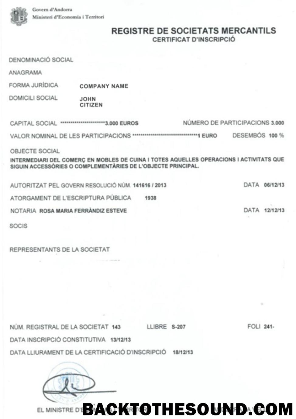 Λήψη Ανδόρρα Επιχείρηση εγγραφή Πιστοποιητικό Δείγμα σχεδιασμό