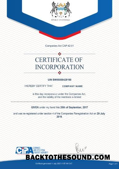 Λήψη Μποτσουάνα Πιστοποιητικό of Incorporation Δείγμα προσχέδιο