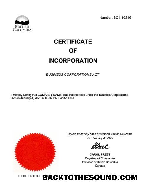 Επαγγελματικό Λήψη British Columbia Πιστοποιητικό of incorporation Word and PDF Πρότυπο, Έκδοση 2 Δείγμα