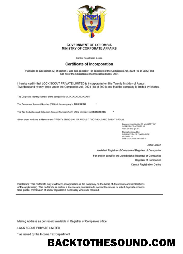 Λήψη Κολομβία Πιστοποιητικό of εγγραφή Word and PDF Δείγμα προεπισκόπηση