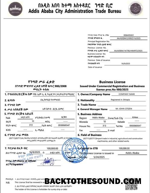 Premium Λήψη Αιθιοπία Addis Ababa Επιχείρηση Άδεια Word and PDF Πρότυπο, Έκδοση 2 Δείγμα
