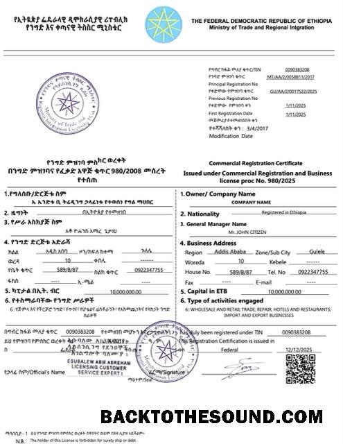Λήψη Αιθιοπία εμπορικός εγγραφή Πιστοποιητικό Word and PDF Δείγμα σχεδιασμό