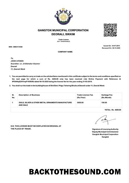 Λήψη Ινδία Gangtok trade Άδεια Word and PDF Δείγμα δείγμα