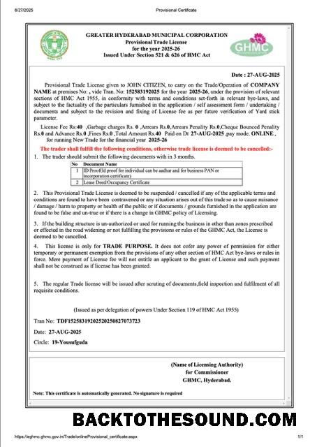 Λήψη Ινδία Hyderabad provisional trade Άδεια Word and PDF Δείγμα πρότυπο