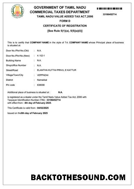 Λήψη Ινδία Tamil Nadu VAT εγγραφή Πιστοποιητικό Word and PDF Δείγμα σχεδιασμό