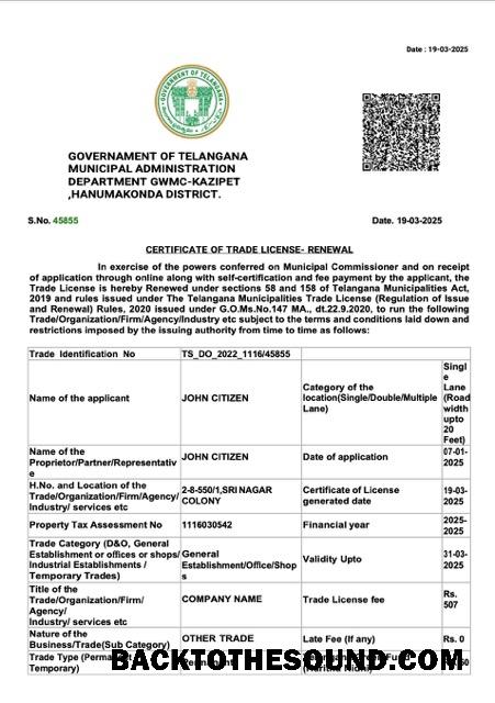 Λήψη Ινδία Telangana Πιστοποιητικό of trade Άδεια Word and PDF Δείγμα πρότυπο