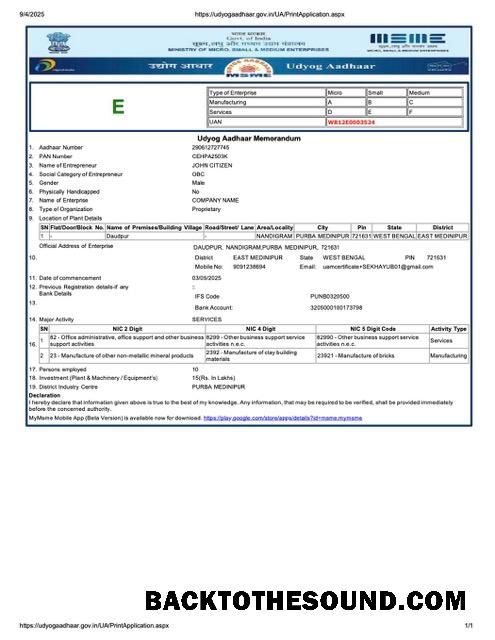 Premium Λήψη Ινδία Udyog Aadhaar εγγραφή Πιστοποιητικό Word and PDF Πρότυπο, Έκδοση 2 Δείγμα