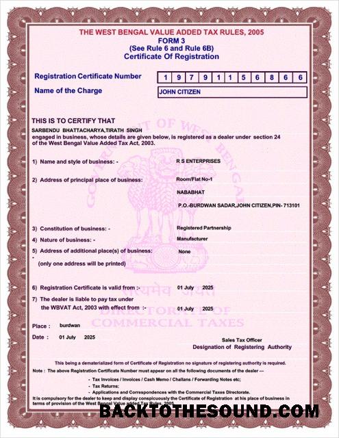 Λήψη Ινδία West Bengal Πιστοποιητικό of VAT εγγραφή Word and PDF Δείγμα σχεδιασμό