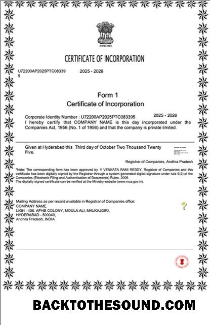 Επεξεργάσιμο Λήψη Ινδία Πιστοποιητικό of incorporation Word and PDF Πρότυπο, Έκδοση 2 Δείγμα