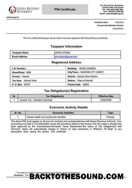 Λήψη Κένυα taxpayer Πιστοποιητικό Word and PDF Δείγμα πρότυπο