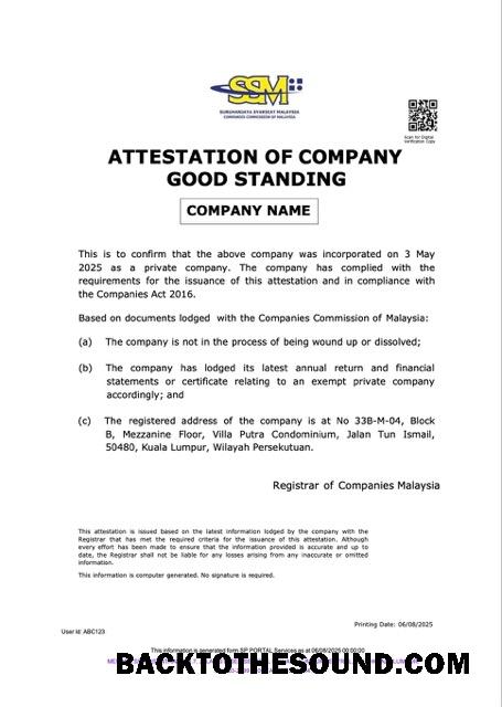 Λήψη Μαλαισία attestation of Εταιρεία good standing Word and PDF Δείγμα πρότυπο