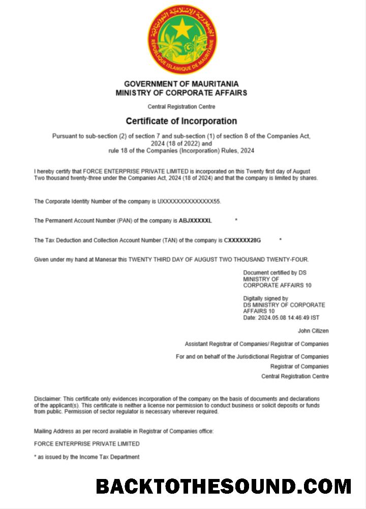 Λήψη Μαυριτανία Επιχείρηση εγγραφή Πιστοποιητικό Word and PDF Δείγμα προσχέδιο