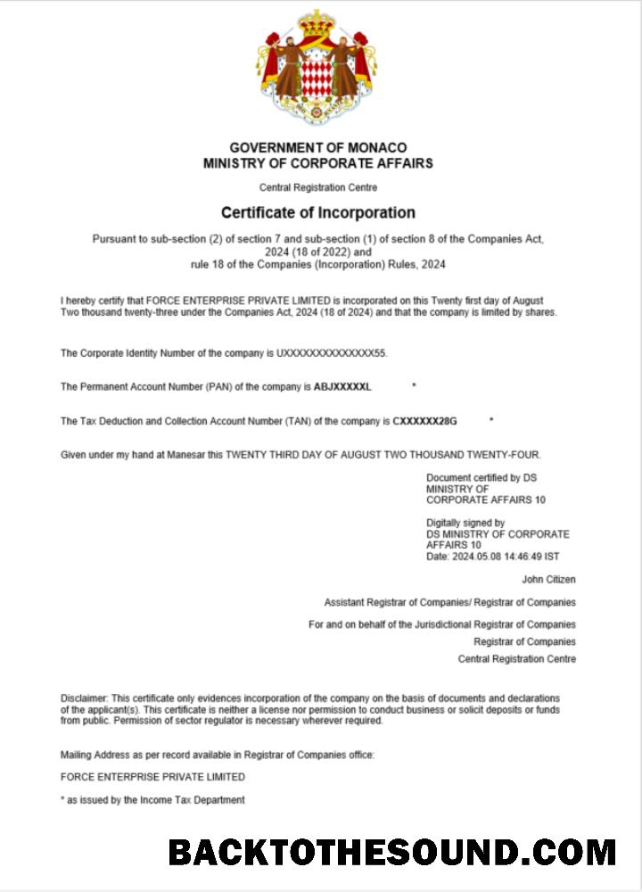 Λήψη Μονακό Επιχείρηση εγγραφή Πιστοποιητικό Word and PDF Δείγμα προεπισκόπηση
