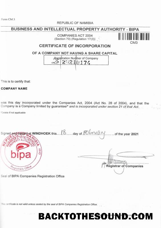 Λήψη Ναμίμπια Πιστοποιητικό of Corporation Δείγμα πρότυπο