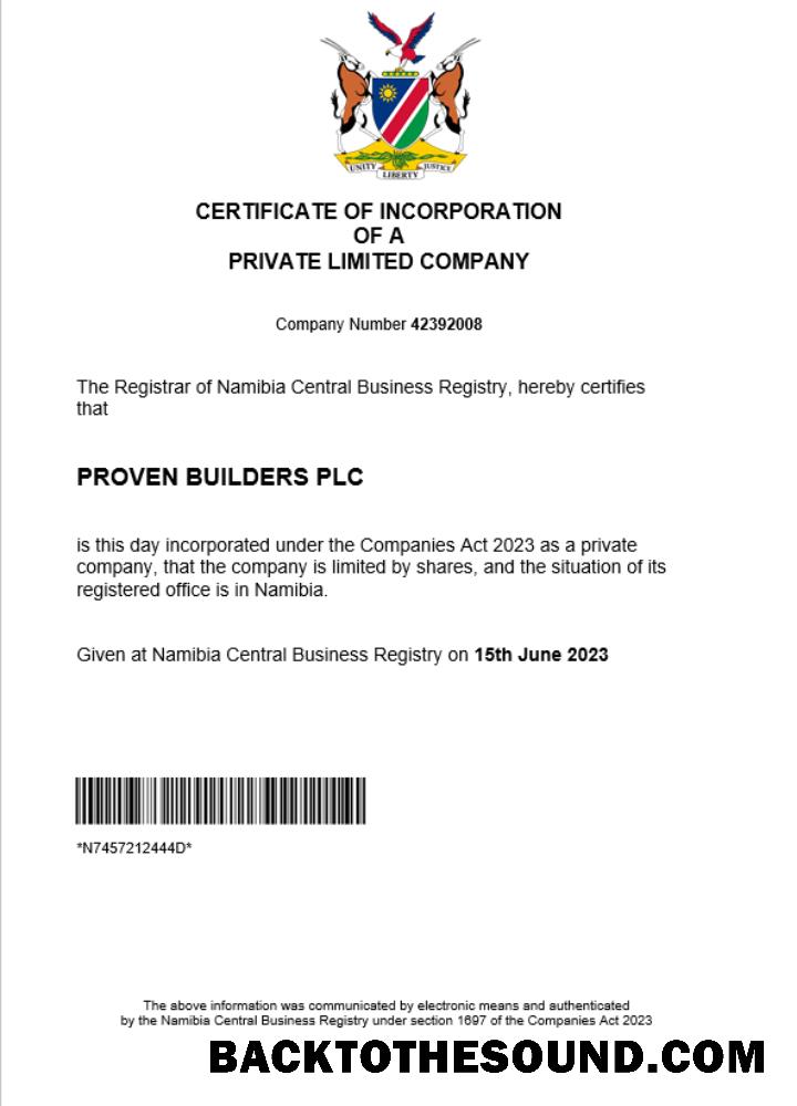 Λήψη Ναμίμπια Εταιρεία εγγραφή Πιστοποιητικό Word and PDF Δείγμα δείγμα