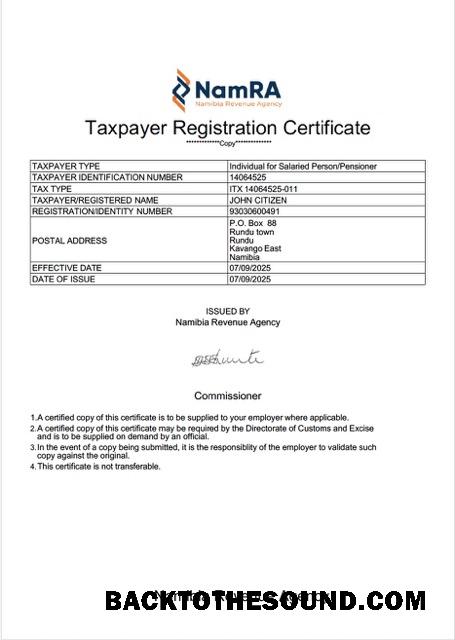 Λήψη Ναμίμπια taxpayer εγγραφή Πιστοποιητικό Word and PDF Δείγμα προσχέδιο