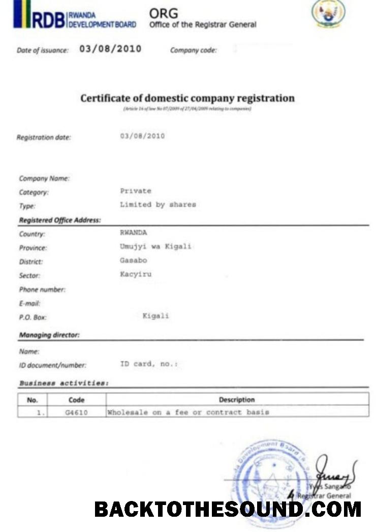 Λήψη Ρουάντα Πιστοποιητικό of domestic Εταιρεία εγγραφή Δείγμα πρότυπο