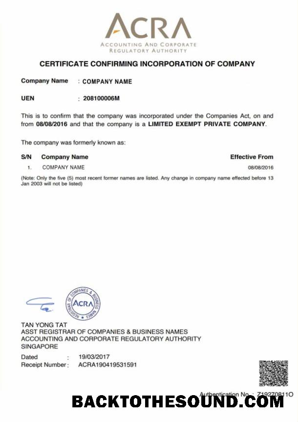 Λήψη Σιγκαπούρη Πιστοποιητικό of Incorporation Δείγμα προεπισκόπηση