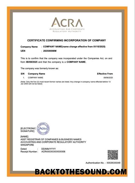 Λήψη Σιγκαπούρη Πιστοποιητικό confirming incorporation of Εταιρεία Word and PDF Δείγμα σχεδιασμό