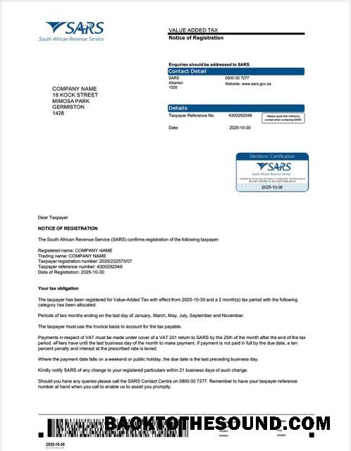 Λήψη Νότια Αφρική value added Φόρος Πιστοποιητικό Word and PDF Δείγμα προεπισκόπηση