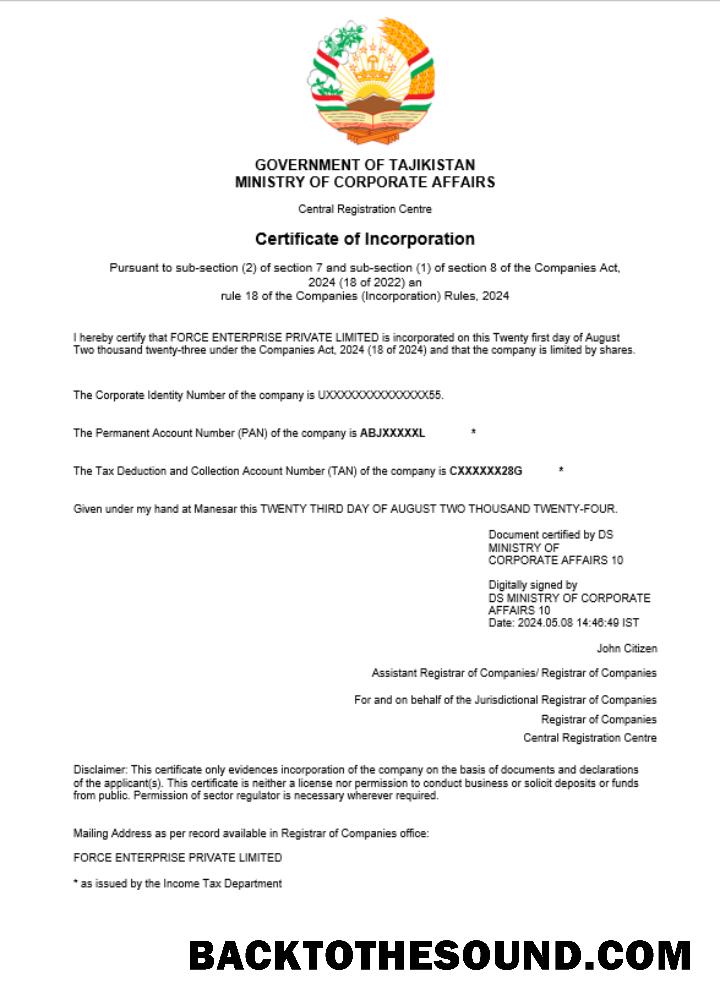 Λήψη Τατζικιστάν Επιχείρηση εγγραφή Πιστοποιητικό Word and PDF (1) Δείγμα δείγμα