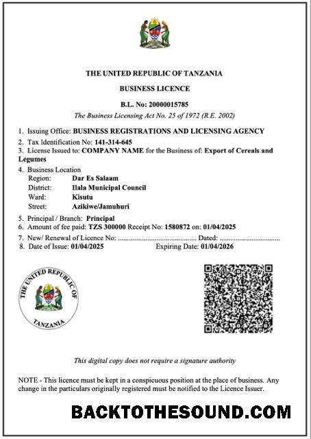 Λήψη Τανζανία Επιχείρηση licence Word and PDF Δείγμα προεπισκόπηση