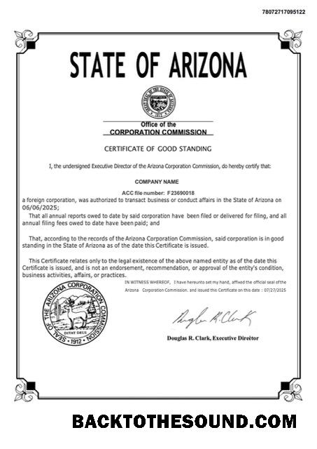 Ρεαλιστικό Λήψη ΗΠΑ Arizona Πιστοποιητικό of good standing Word and PDF Πρότυπο, Έκδοση 2 Δείγμα