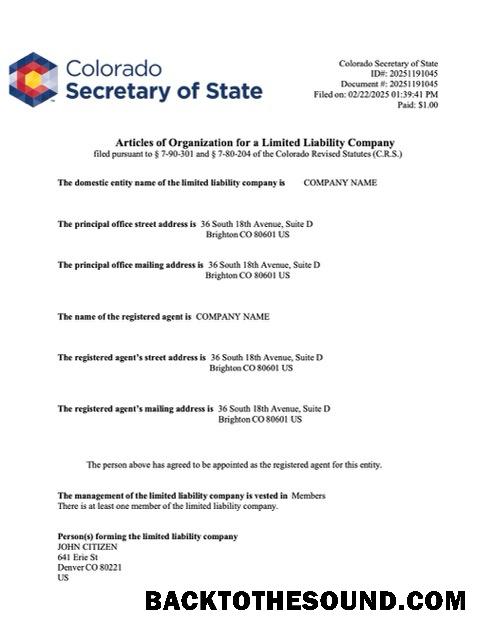 Ρεαλιστικό Λήψη ΗΠΑ Colorado articles of οργάνωση Word and PDF Πρότυπο, Έκδοση 2 Δείγμα