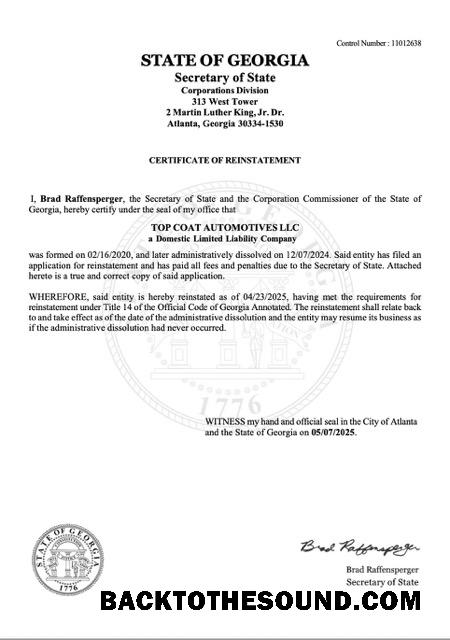 Λήψη ΗΠΑ Γεωργία Πιστοποιητικό of reinstatement Word and PDF Δείγμα προσχέδιο