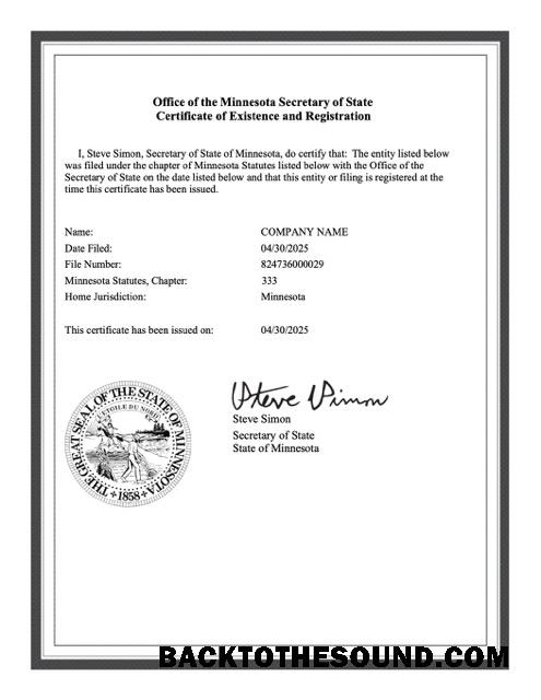 Λήψη ΗΠΑ Minnesota Πιστοποιητικό of existence and εγγραφή Word and PDF Δείγμα προεπισκόπηση