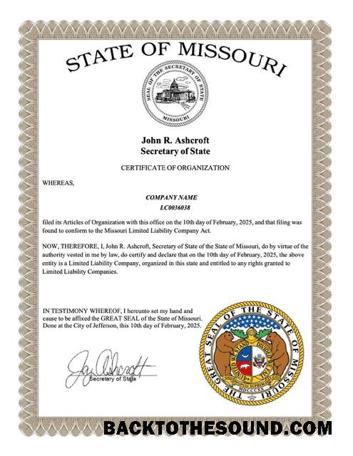 Λήψη ΗΠΑ Missouri Πιστοποιητικό of οργάνωση Word and PDF Δείγμα προεπισκόπηση