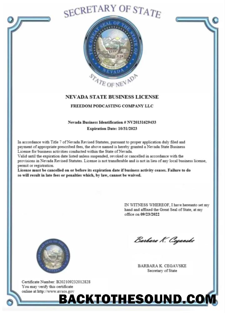 Λήψη ΗΠΑ Nevada State Πιστοποιητικό of Επιχείρηση Άδεια Word and PDF Δείγμα δείγμα