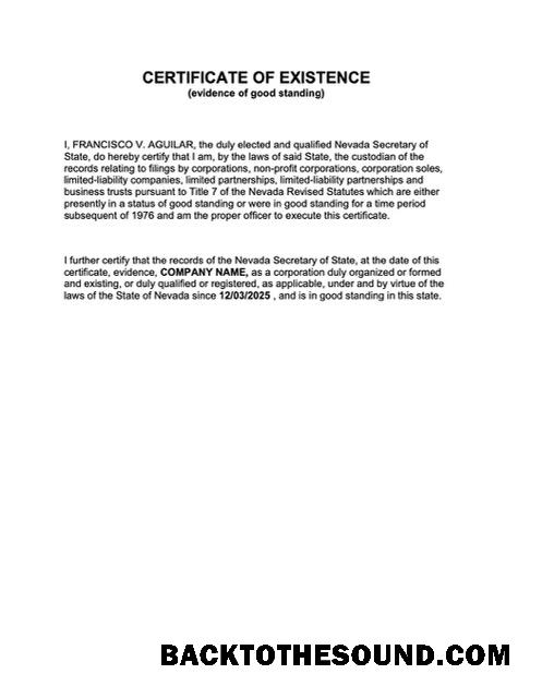 Λήψη ΗΠΑ Nevada Πιστοποιητικό of existence Word and PDF Δείγμα προεπισκόπηση