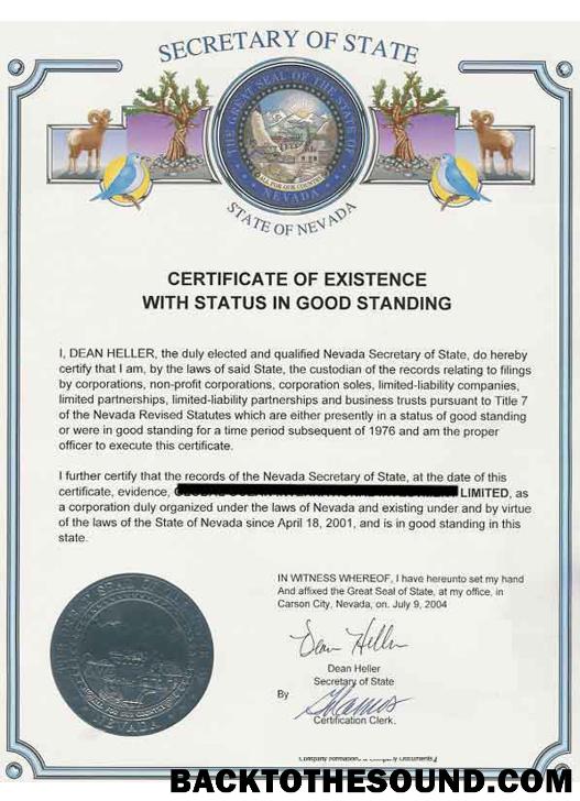 Λήψη ΗΠΑ Nevada Πιστοποιητικό of good standing Δείγμα δείγμα