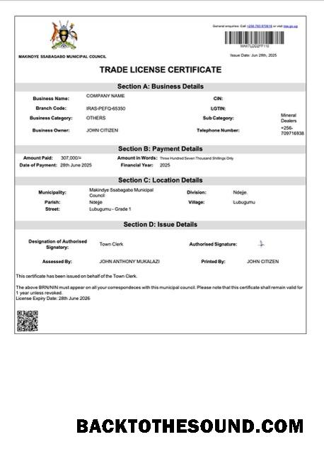 Λήψη Ουγκάντα Makindye trade Άδεια Πιστοποιητικό Word and PDF Δείγμα δείγμα